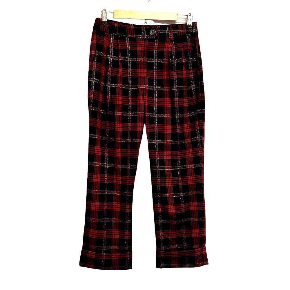 NWT See U Soon Plaid Gold Metallic Thread Cuffed Pleated Cropped Pants P…